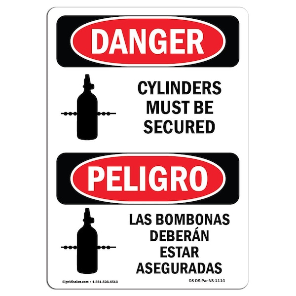 Safety Sign, OSHA Danger, 5" Height, Cylinders Must Be Secured Bilingual Spanish, 10PK